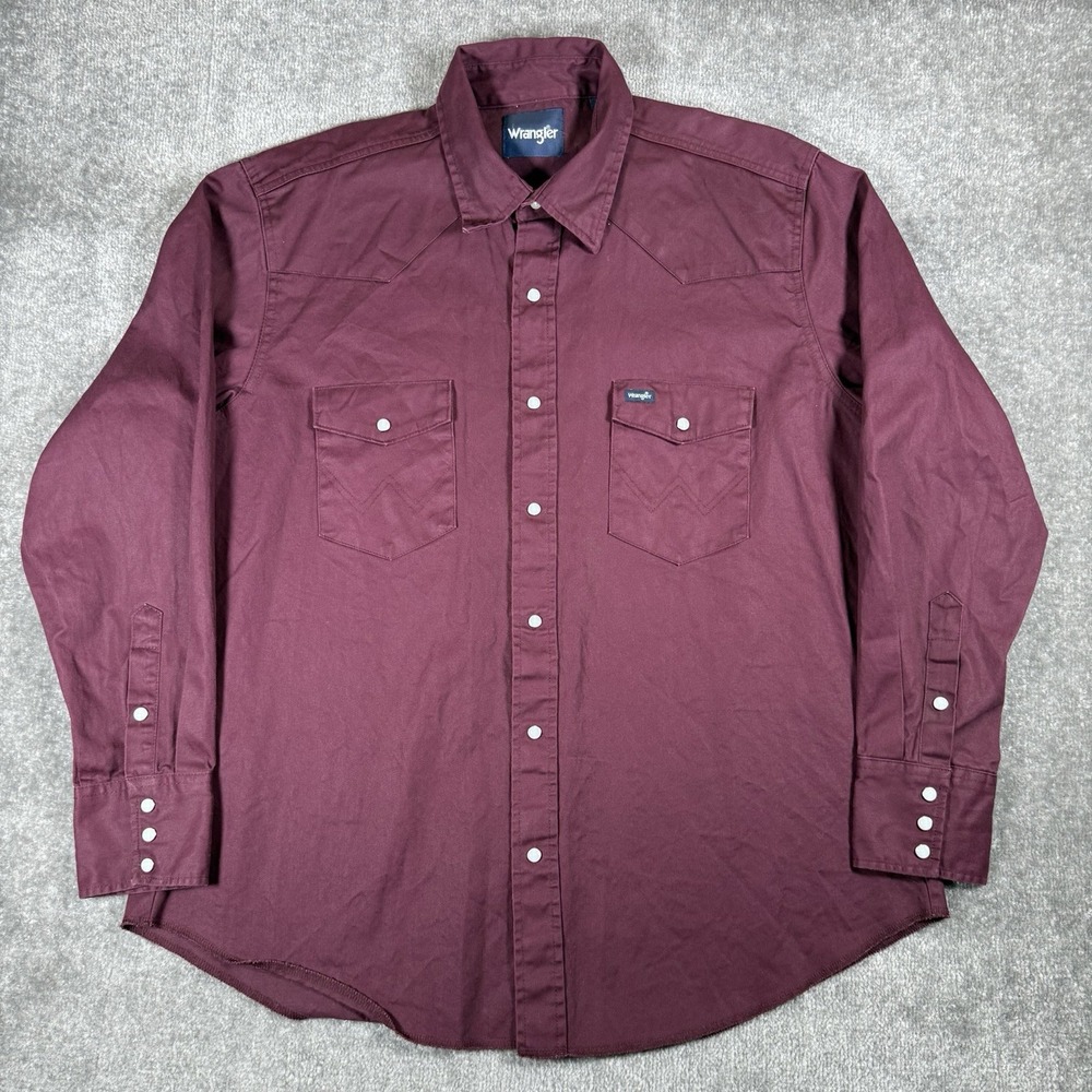 Wrangler Shirt Men's XL Burgundy Twill Pearl Snap Western Workwear Farm Chore